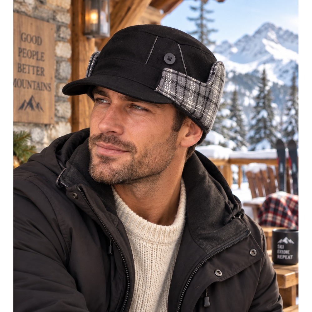 Perry Ellis Portfolio Men's Trapper Hat L/XL Wool Blend Plaid Faux Fur Black